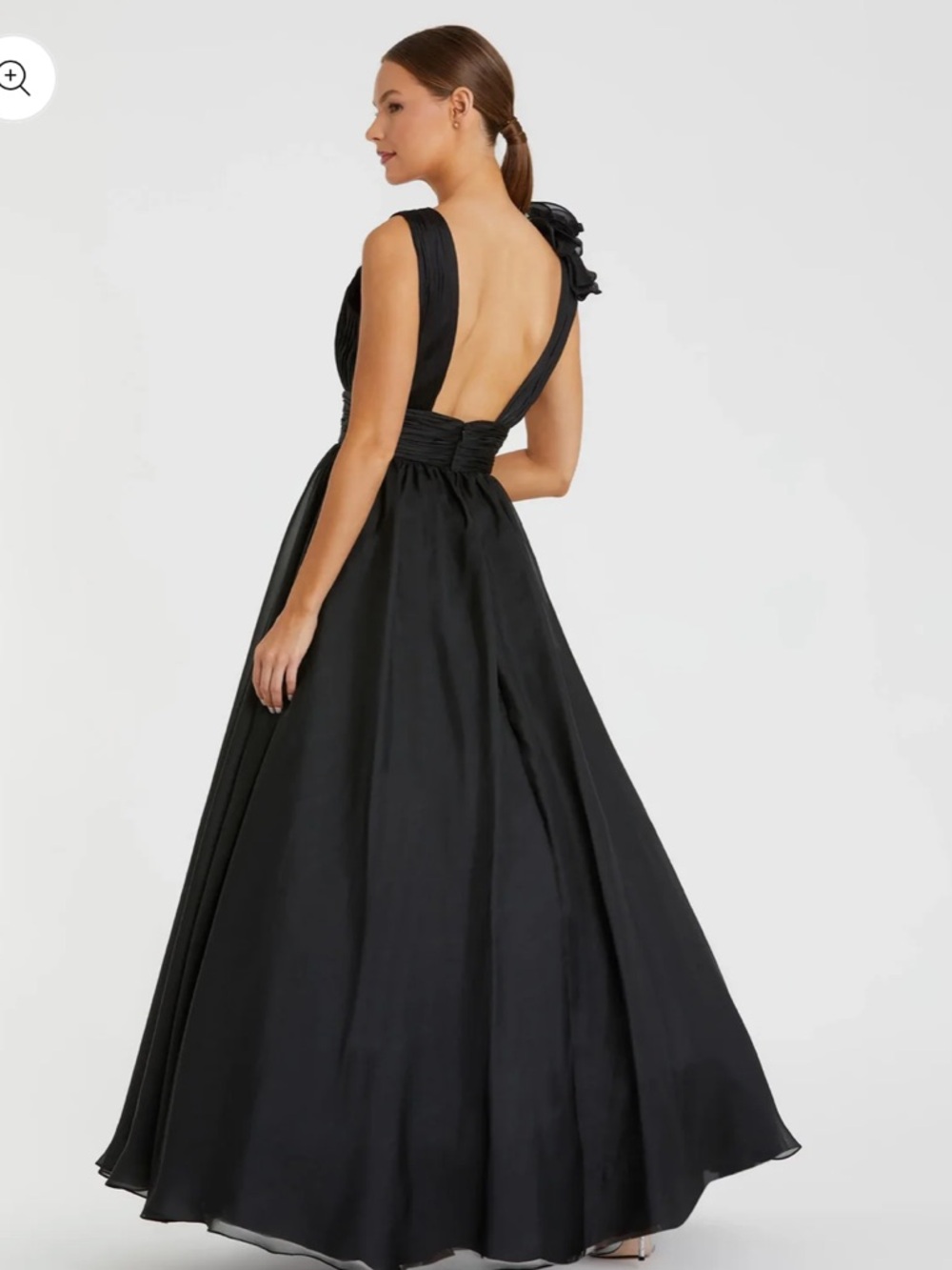 Mac Duggal Black V-Neck Rosette Shoulder Chiffon Gown - Picture 4 of 5